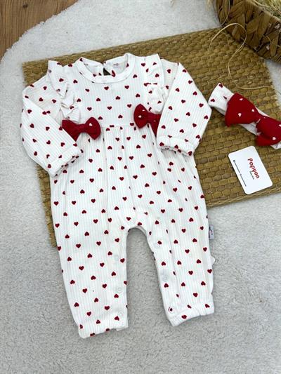 Minik Kalp Baskılı Fiyonklu Kız Bebek Bandanalı Tulum (0-3/3-6/6-9/9-12 Ay)
