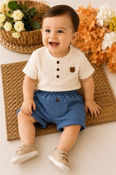 Müslin Kumaş Erkek Bebek Şort Takım (%100 Pamuk) (6-9/9-12/12-18/18-24 Ay)