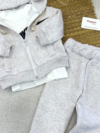 Nike Baskılı Kapşonlu Ceketli Erkek Bebek 3ip Şardonlu Takım (6-9/9-12/12-18/18-24 Ay)