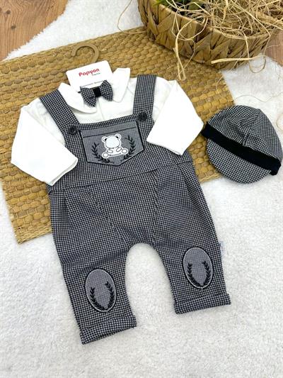 Papyonlu Badili Ayıcık Nakışlı Kazayağı Salopetli Erkek Bebek 3lü Takım (0-3/3-6/6-9/9-12 Ay)