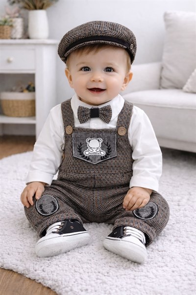 Papyonlu Badili Ayıcık Nakışlı Kazayağı Salopetli Erkek Bebek 3lü Takım (0-3/3-6/6-9/9-12 Ay)