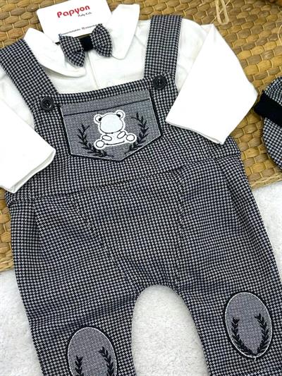 Papyonlu Badili Ayıcık Nakışlı Kazayağı Salopetli Erkek Bebek 3lü Takım (0-3/3-6/6-9/9-12 Ay)