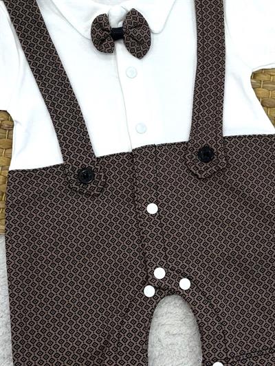 Papyonlu Yakalı Noktalı Kare Desenli Erkek Bebek Şort Tulum (0-3/3-6/6-9/9-12 Ay)