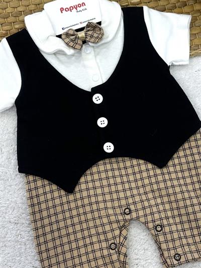 Papyonlu Yelek Model Erkek Bebek Şort Tulum (0-3/3-6/6-9/9-12 Ay)