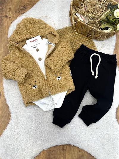 Peluş Ayı Nakışlı Badili Erkek Bebek 3lü Takım (6-9/9-12/12-18/18-24 Ay)