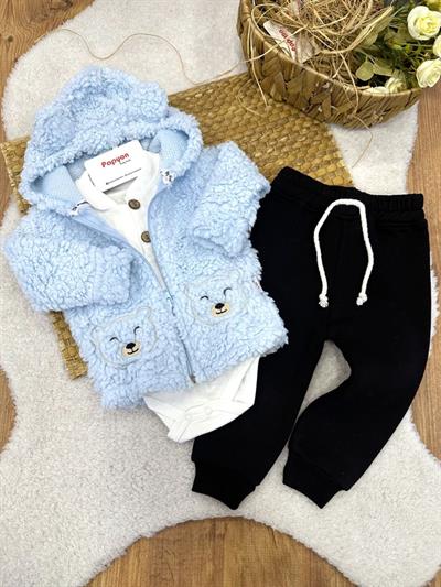 Peluş Ayı Nakışlı Badili Erkek Bebek 3lü Takım (6-9/9-12/12-18/18-24 Ay)