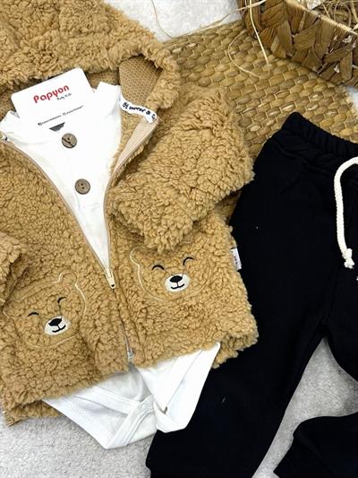 Peluş Ayı Nakışlı Badili Erkek Bebek 3lü Takım (6-9/9-12/12-18/18-24 Ay)