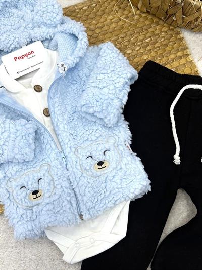 Peluş Ayı Nakışlı Badili Erkek Bebek 3lü Takım (6-9/9-12/12-18/18-24 Ay)