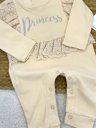 Princess Yaldız Baskılı Güpürlü Kız Bebek Manşetli Tulum (0-3/3-6/6-9/9-12 Ay)