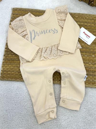 Princess Yaldız Baskılı Güpürlü Kız Bebek Manşetli Tulum (0-3/3-6/6-9/9-12 Ay)
