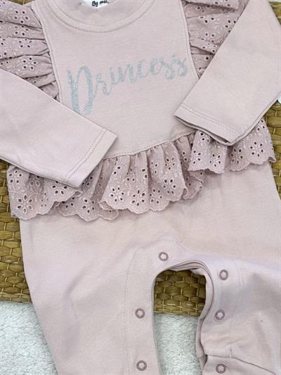 Princess Yaldız Baskılı Güpürlü Kız Bebek Manşetli Tulum (0-3/3-6/6-9/9-12 Ay)