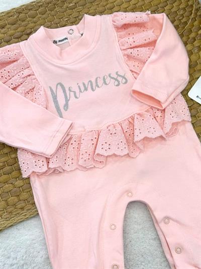 Princess Yaldız Baskılı Güpürlü Kız Bebek Manşetli Tulum (0-3/3-6/6-9/9-12 Ay)