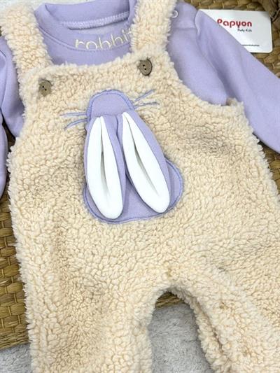 Rabbit 3ip Şardonlu Sweat Peluş Salopet Kız Bebek Takım (0-3/3-6/6-9/9-12 Ay)