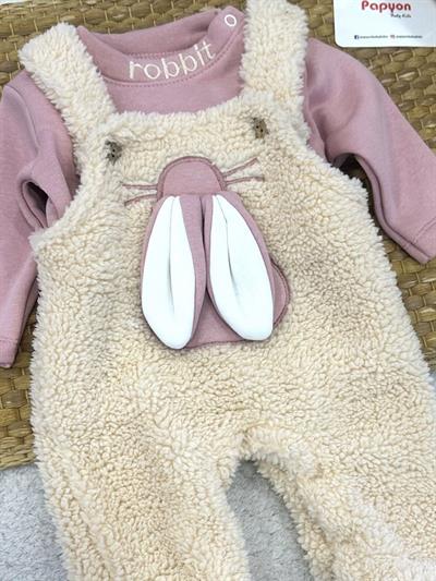 Rabbit 3ip Şardonlu Sweat Peluş Salopet Kız Bebek Takım (0-3/3-6/6-9/9-12 Ay)