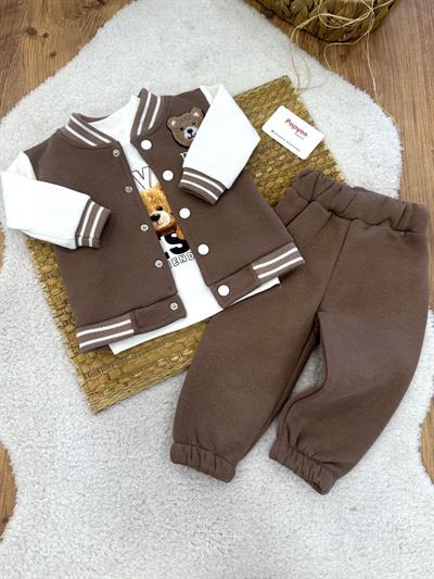 Süzene Ayıcık Nakışlı Kolej Ceketli 3ip Şardonlu Erkek Bebek 3lü Takım (6-9/9-12/12-18/18-24 Ay)