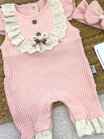 Taşlı Düğmeli Güpürlü Kız Bebek Jakarlı Şort Tulum (0-3/3-6/6-9/9-12 Ay)