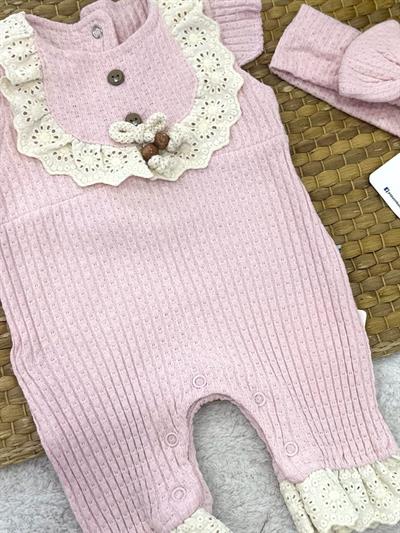 Taşlı Düğmeli Güpürlü Kız Bebek Jakarlı Şort Tulum (0-3/3-6/6-9/9-12 Ay)