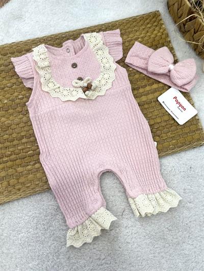 Taşlı Düğmeli Güpürlü Kız Bebek Jakarlı Şort Tulum (0-3/3-6/6-9/9-12 Ay)