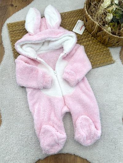 Tavşan Kulaklı Kapşonlu Bebek Peluş Tulum (0-3/3-6/6-9/9-12 Ay)