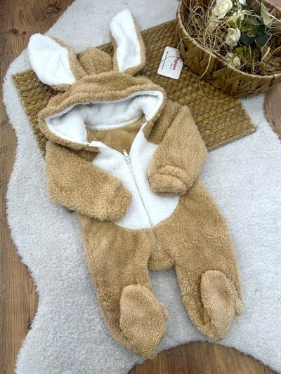 Tavşan Kulaklı Kapşonlu Bebek Peluş Tulum (0-3/3-6/6-9/9-12 Ay)