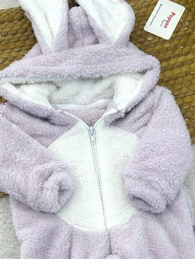 Tavşan Kulaklı Kapşonlu Bebek Peluş Tulum (0-3/3-6/6-9/9-12 Ay)