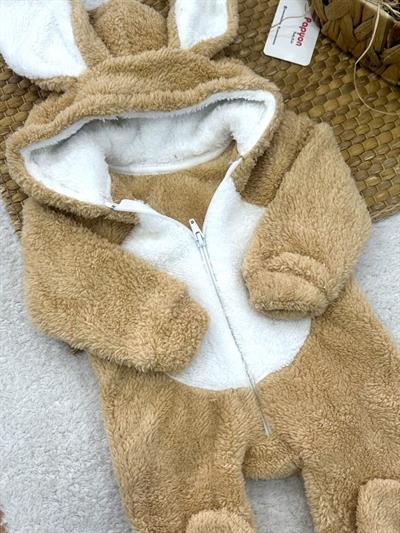 Tavşan Kulaklı Kapşonlu Bebek Peluş Tulum (0-3/3-6/6-9/9-12 Ay)