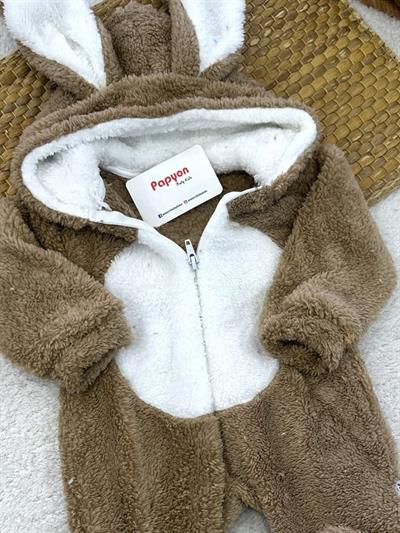 Tavşan Kulaklı Kapşonlu Bebek Peluş Tulum (0-3/3-6/6-9/9-12 Ay)