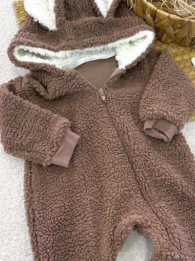 Tavşan Kulaklı Kapşonlu Fermuarlı Bebek Peluş Tulum (0-3/3-6/6-9/9-12 Ay)