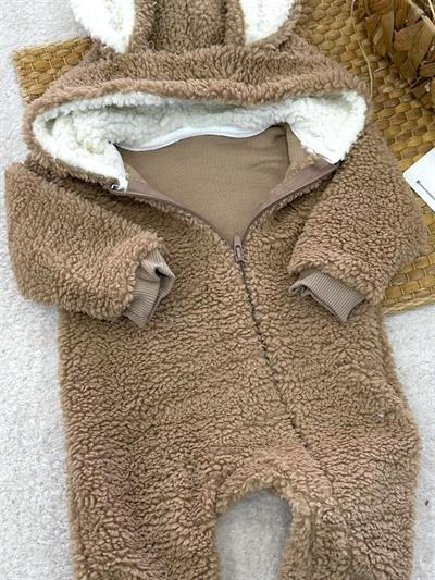 Tavşan Kulaklı Kapşonlu Fermuarlı Bebek Peluş Tulum (0-3/3-6/6-9/9-12 Ay)