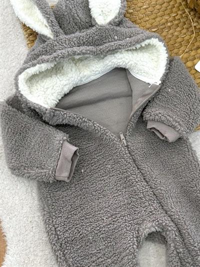 Tavşan Kulaklı Kapşonlu Fermuarlı Bebek Peluş Tulum (0-3/3-6/6-9/9-12 Ay)