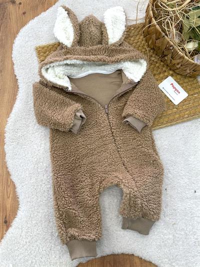 Tavşan Kulaklı Kapşonlu Fermuarlı Bebek Peluş Tulum (0-3/3-6/6-9/9-12 Ay)