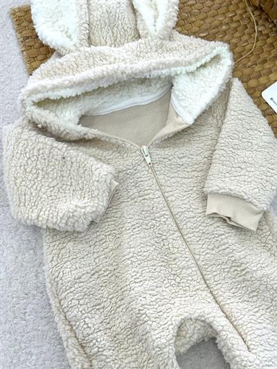 Tavşan Kulaklı Kapşonlu Fermuarlı Bebek Peluş Tulum (0-3/3-6/6-9/9-12 Ay)