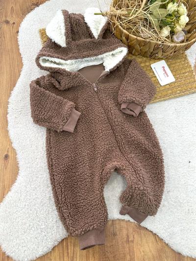 Tavşan Kulaklı Kapşonlu Fermuarlı Bebek Peluş Tulum (0-3/3-6/6-9/9-12 Ay)