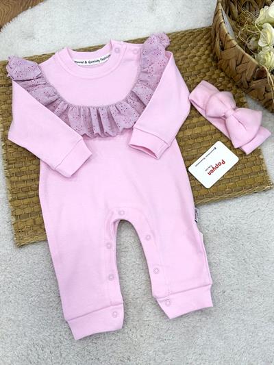 Yaka Güpürlü Kız Bebek Bandanalı Tulum (0-3/3-6/6-9/9-12 Ay)