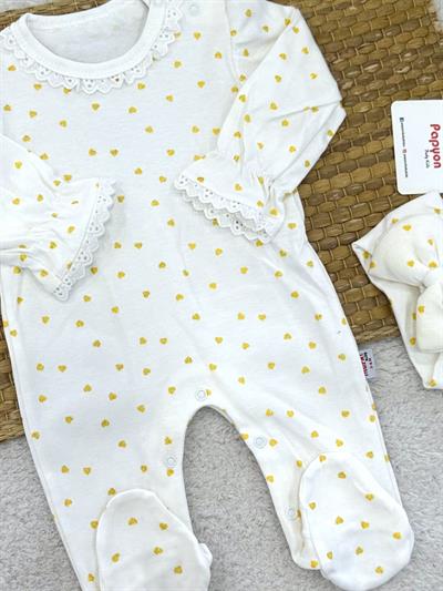 Yaldızlı Kalp Baskılı Dantelli Kız Bebek Bandanalı Tulum (0-3/3-6/6-9/9-12 Ay)