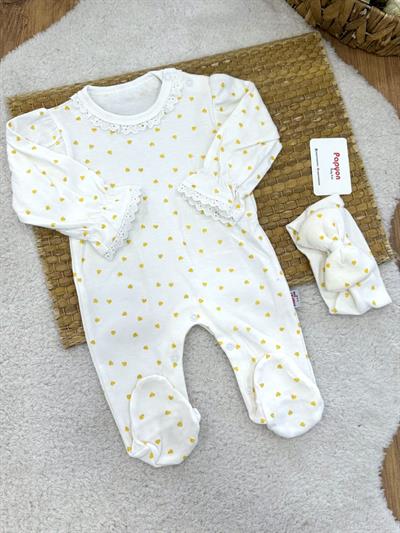 Yaldızlı Kalp Baskılı Dantelli Kız Bebek Bandanalı Tulum (0-3/3-6/6-9/9-12 Ay)