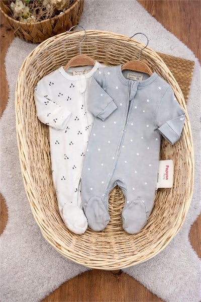 Desenli Fermuarlı Erkek Bebek 2li Tulum Set (%100 Pamuk)(0-3 Ay)