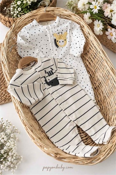 Zürafa ve Zebra Nakışlı Erkek Bebek 2li Patikli Tulum Seti (%100 Pamuk)(0-3 Ay)