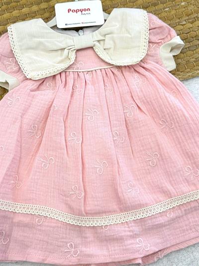 Fiyonk Yakalı Nakışlı Dantelli Kız Bebek Müslin Elbise (6-9/9-12/12-18/18-24 Ay)