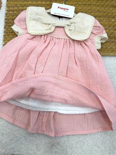 Fiyonk Yakalı Nakışlı Dantelli Kız Bebek Müslin Elbise (6-9/9-12/12-18/18-24 Ay)