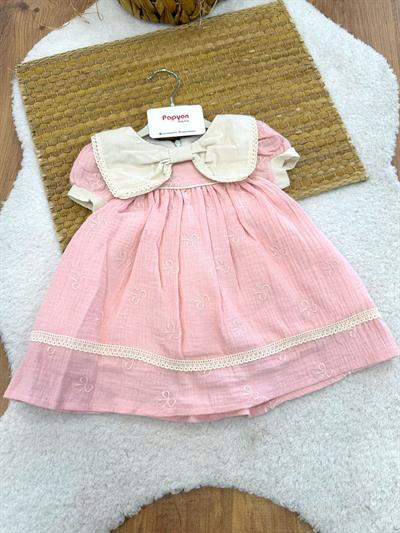 Fiyonk Yakalı Nakışlı Dantelli Kız Bebek Müslin Elbise (6-9/9-12/12-18/18-24 Ay)