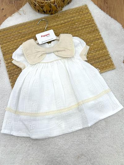 Fiyonk Yakalı Nakışlı Dantelli Kız Bebek Müslin Elbise (6-9/9-12/12-18/18-24 Ay)