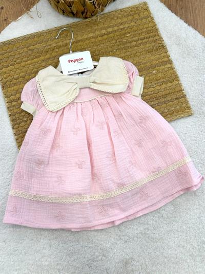 Fiyonk Yakalı Nakışlı Dantelli Kız Bebek Müslin Elbise (6-9/9-12/12-18/18-24 Ay)