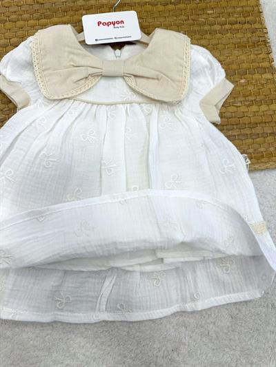 Fiyonk Yakalı Nakışlı Dantelli Kız Bebek Müslin Elbise (6-9/9-12/12-18/18-24 Ay)