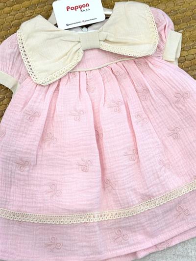 Fiyonk Yakalı Nakışlı Dantelli Kız Bebek Müslin Elbise (6-9/9-12/12-18/18-24 Ay)