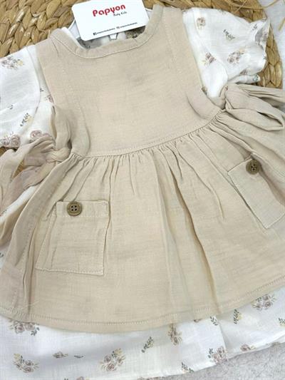 Çiçek Desenli Düğmeli Cepli Kız Bebek Müslin Elbise (6-9/9-12/12-18/18-24 Ay)