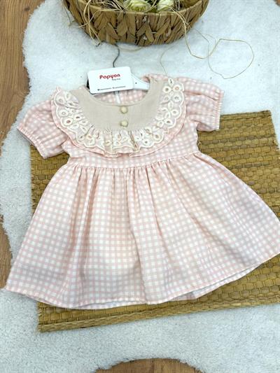  Dantelli Yakalı Ekose Kız Bebek Elbise (6-9/9-12/12-18/18-24 Ay)