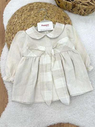 Ekose Yakalı Fiyonk Detaylı Kız Bebek Elbise (6-9/9-12/12-18/18-24 Ay)