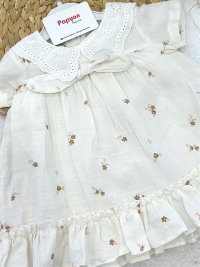 Güpürlü Yakalı Çiçek Desenli Kız Bebek Müslin Elbise (6-9/9-12/12-18/18-24 Ay)