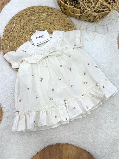 Güpürlü Yakalı Çiçek Desenli Kız Bebek Müslin Elbise (6-9/9-12/12-18/18-24 Ay)